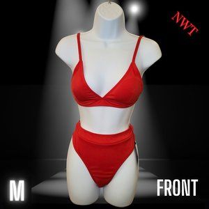 Medium Red Two Piece Bikini Swimwear with Adjustable Straps & High Waist Bottoms